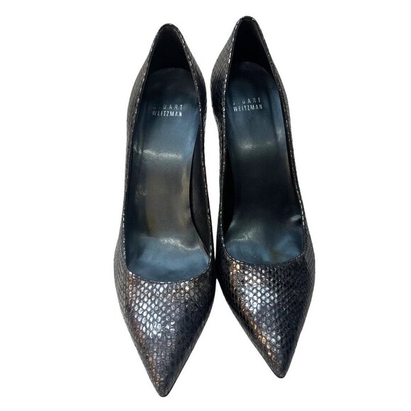 Stuart Weitzman Silver Snake Leather Heels Ladies Size 9,2 M Point Toe High Heel - Picture 2 of 12